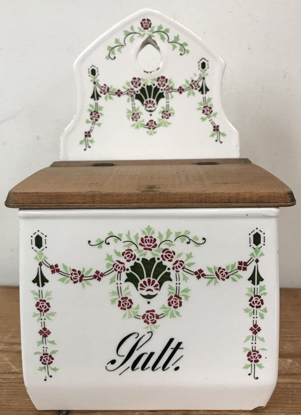 Vtg Antique Danish Salt Wall Hanging Ceramic Wood Floral Bin Kitchen Container